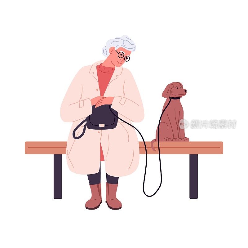 Senior woman with dog sitting on bench and waiting. Old aged lady with bag and doggy on leash. Elderly female and puppy. Flat vector illustration isolated on white background